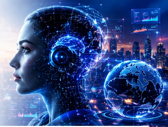 Imagem futurista de inteligência artificial, cidade conectada e tecnologia corporativa
